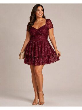 David Bridals Women Lace Tiered Short Sleeve With Sequins Dress Size 18